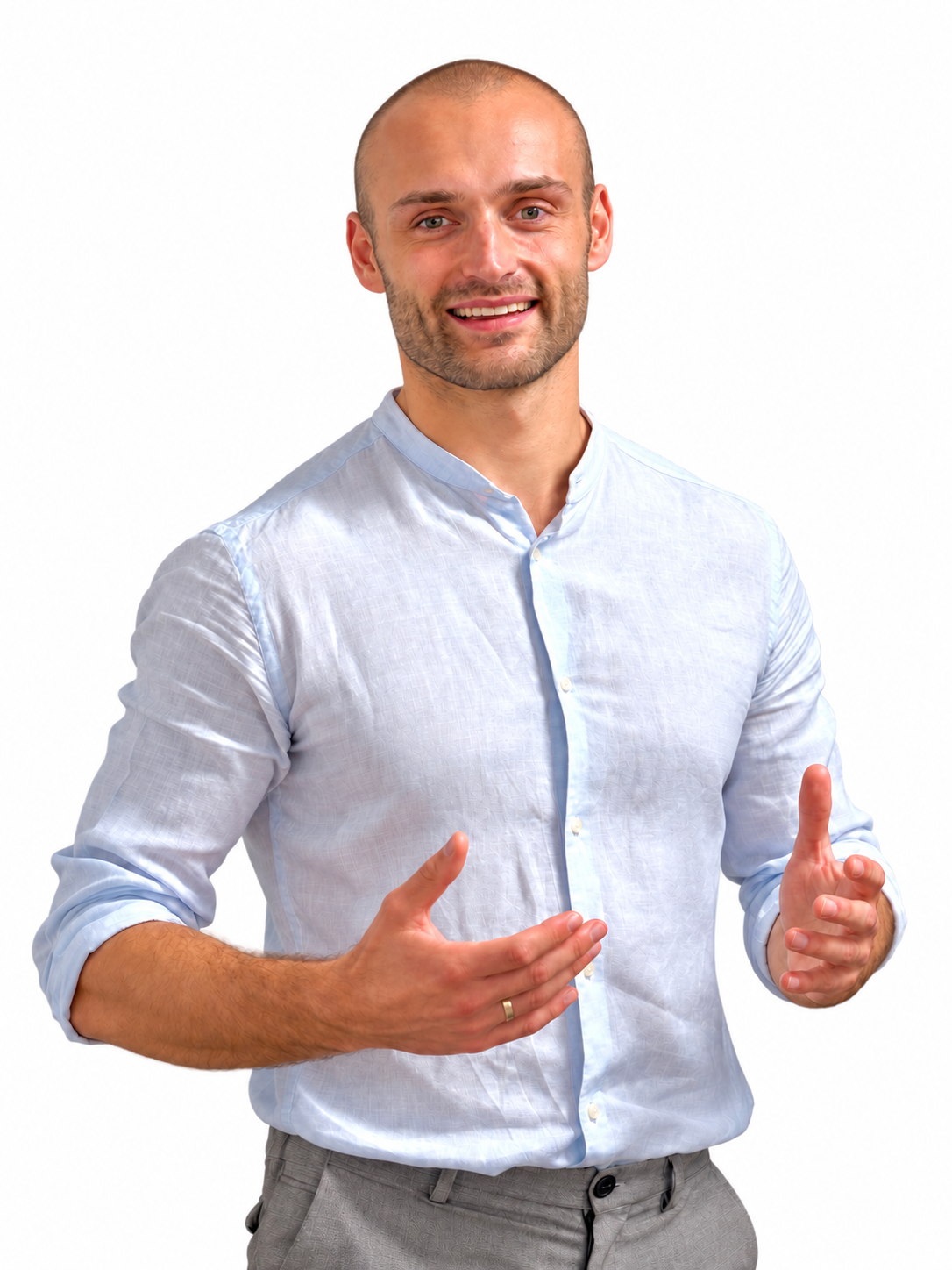 Timo Aßmann-Spannagel im hellen Hemd, im Gespräch