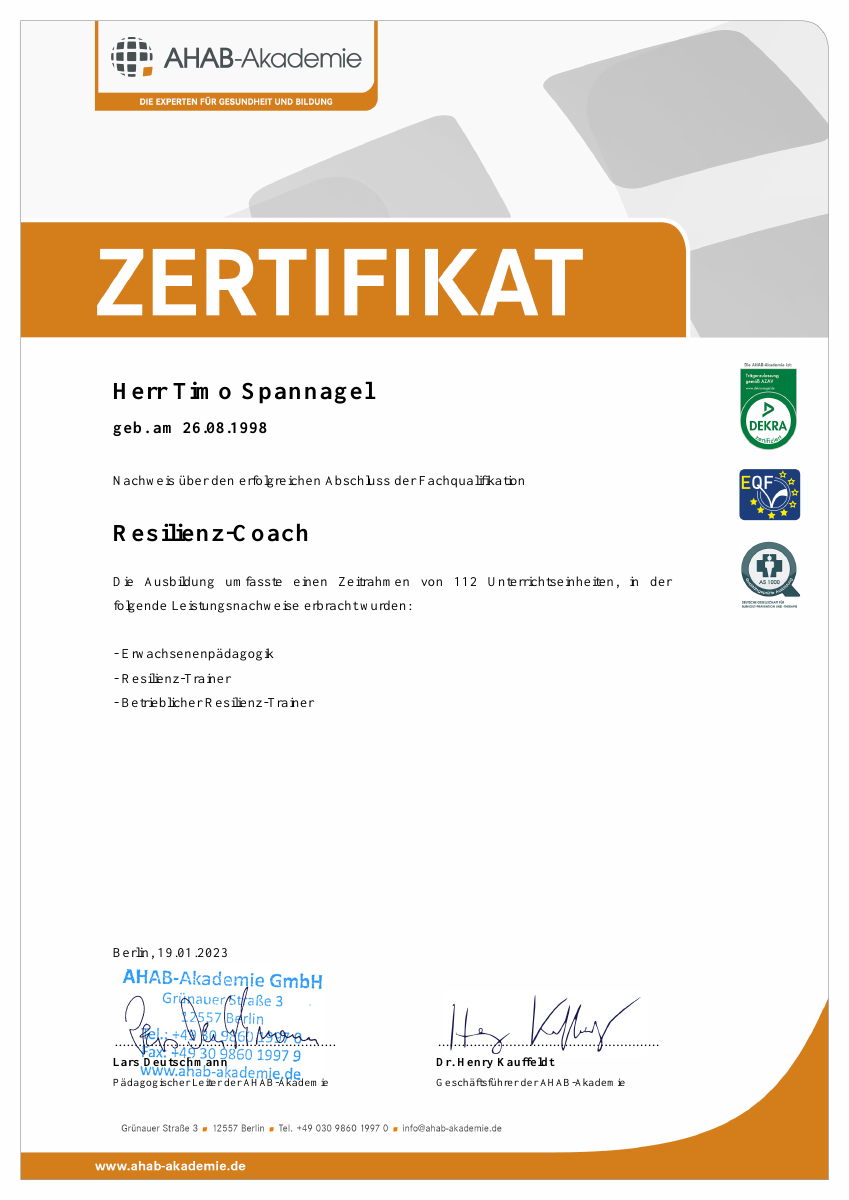 AHAB-Zertifikat Resilienz-Coach für Timo Spannagel