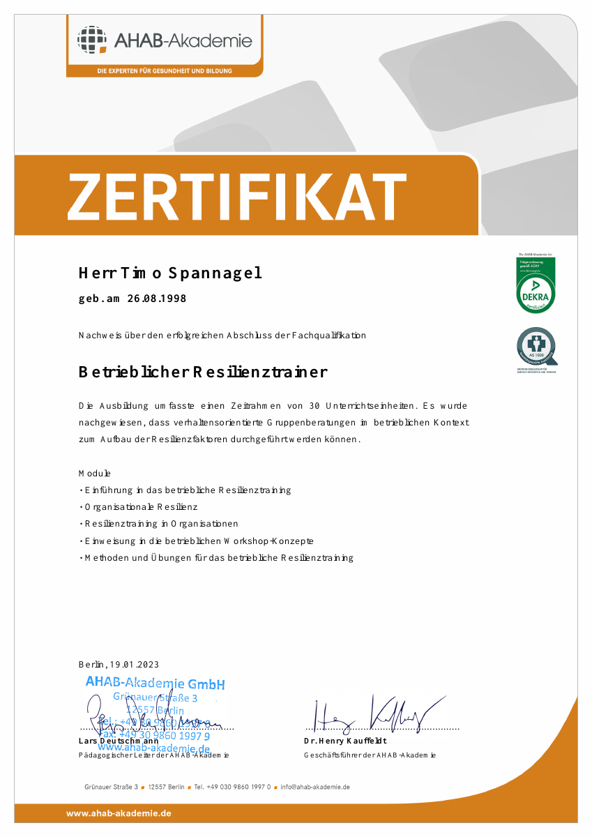 AHAB-Zertifikat betrieblicher Resilienztrainer für Timo Spannagel