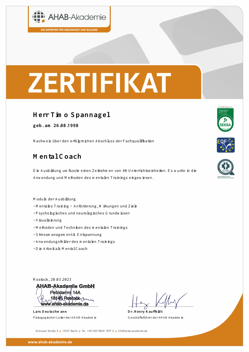 AHAB-Zertifikat Mental Coach für Timo Spannagel