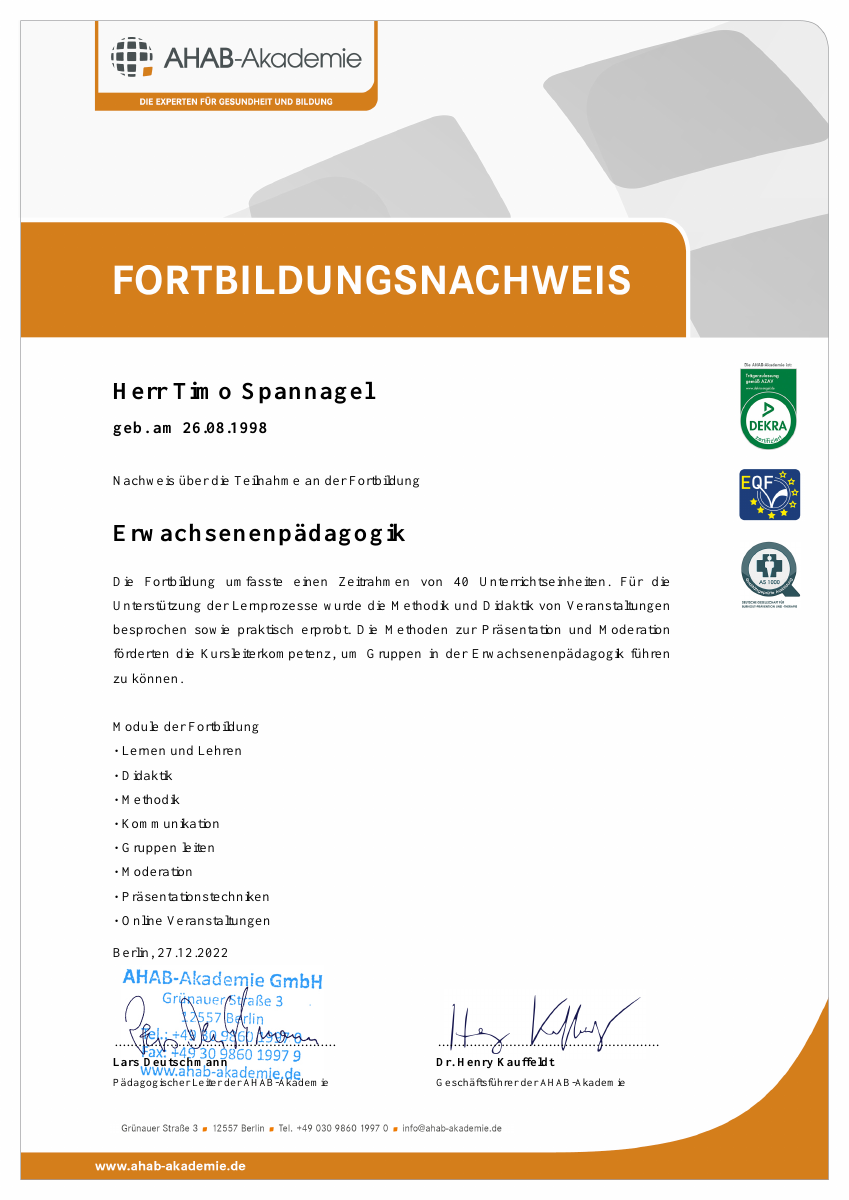 AHAB-Teilnahmenachweis Erwachsenenpädagogik für Timo Spannagel
