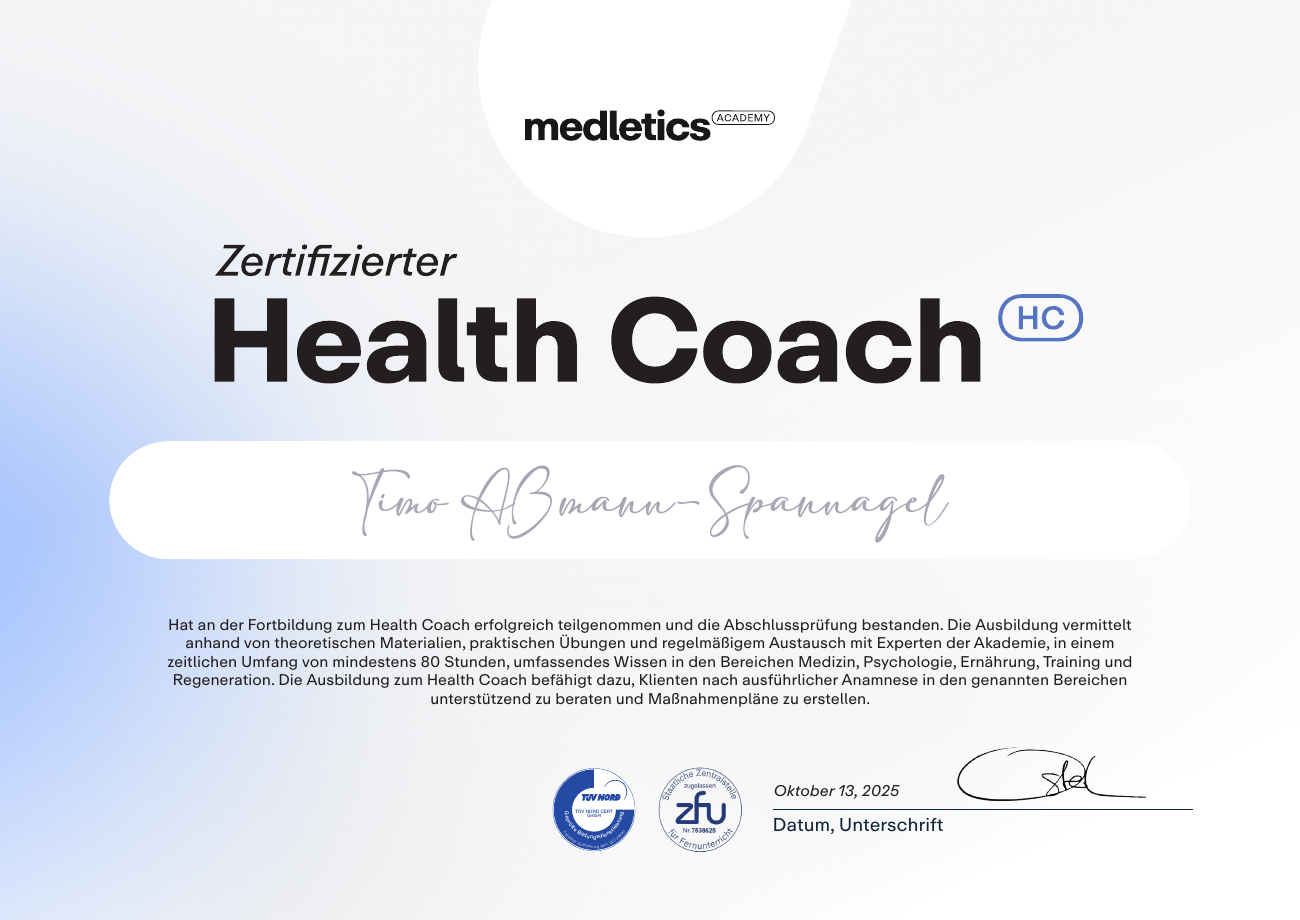 Zertifikat Health Coach der Medletics Academy für Timo Aßmann-Spannagel