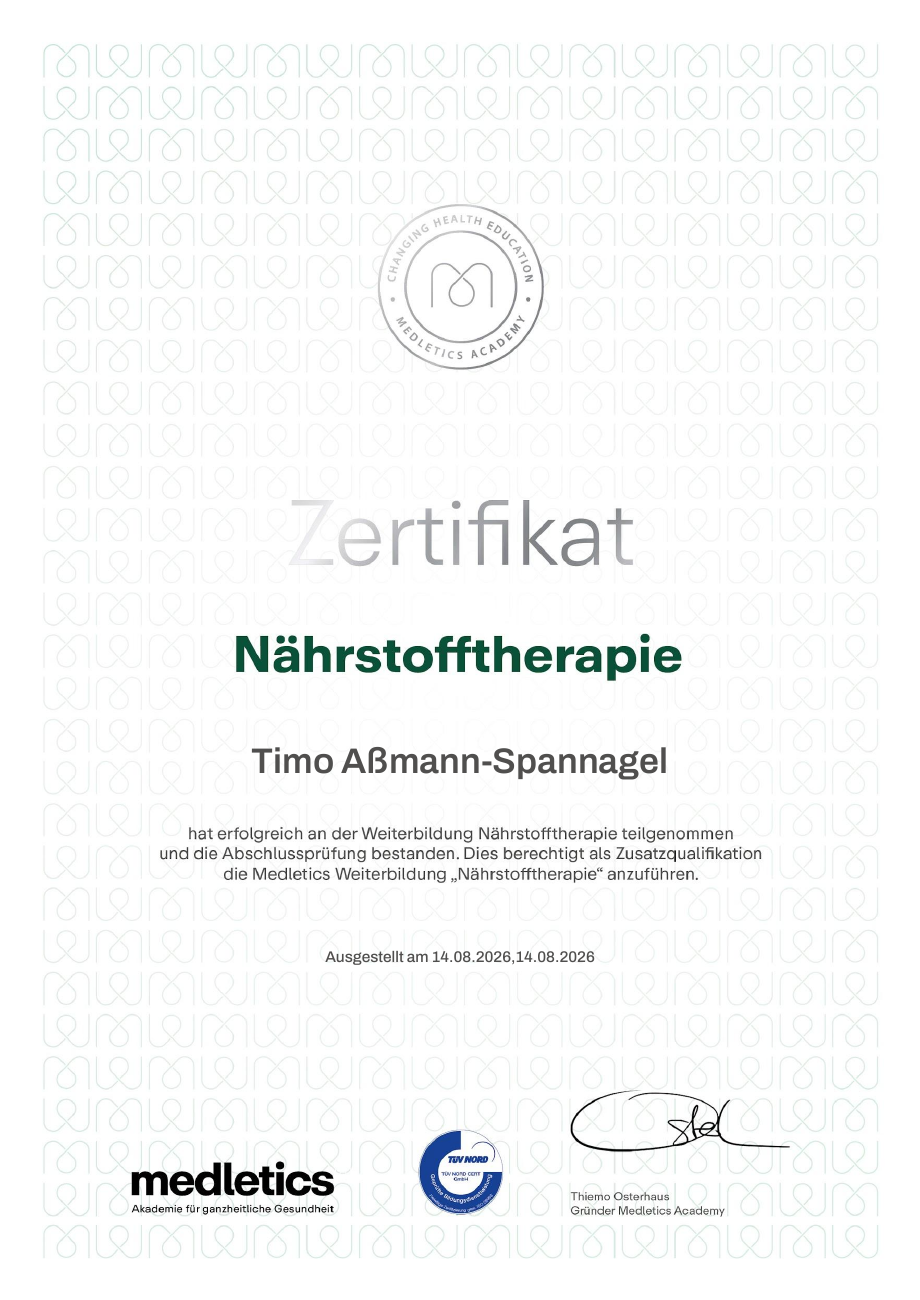 Zertifikat Weiterbildung Nährstofftherapie der Medletics Academy für Timo Aßmann-Spannagel