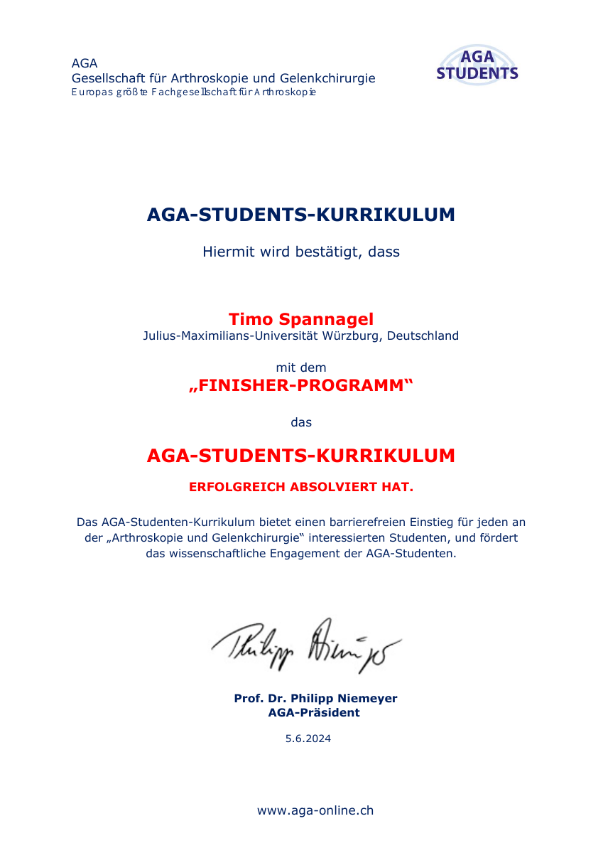 Urkunde zum erfolgreich absolvierten AGA-Students-Kurrikulum von Timo Spannagel